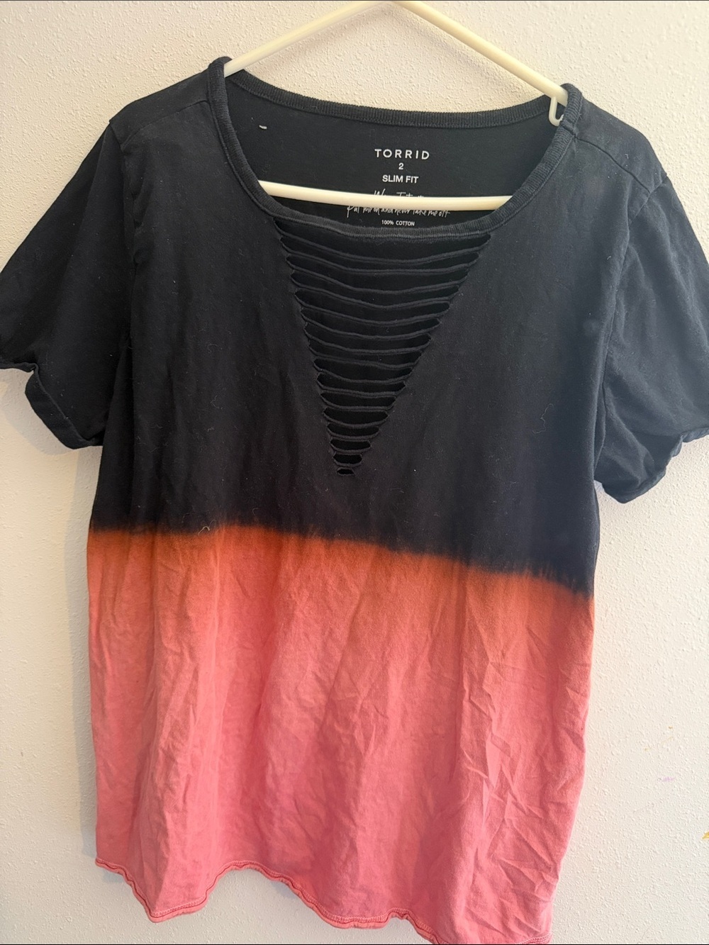 Wings on back Black to Coral Ombre Short Sleeve Tee with Slashed V